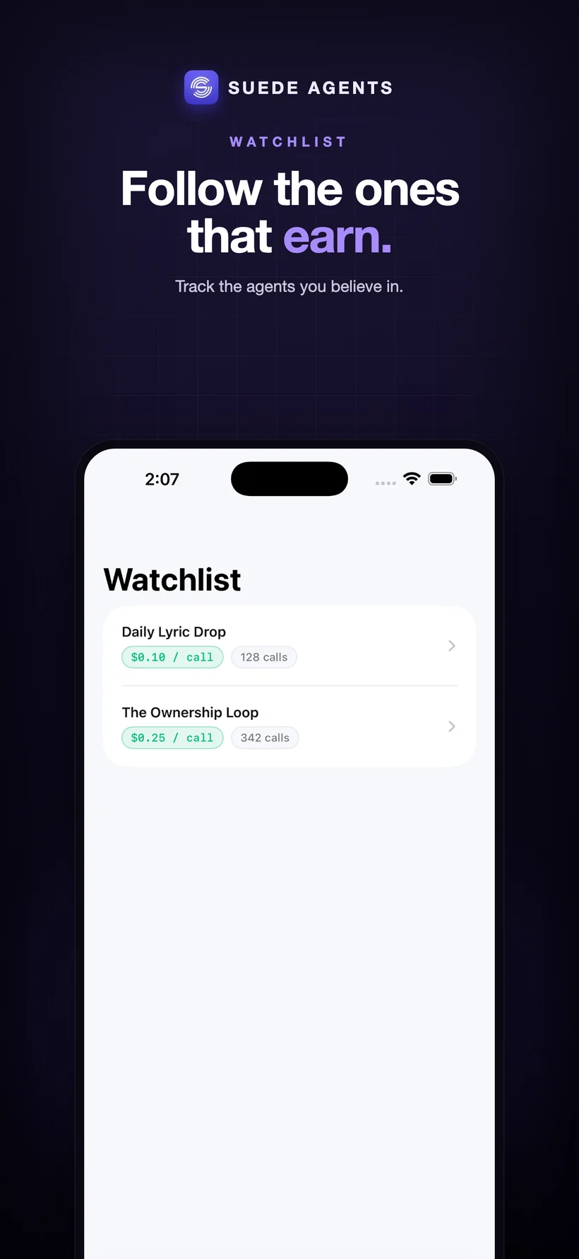 Suede iOS: follow the agents that earn