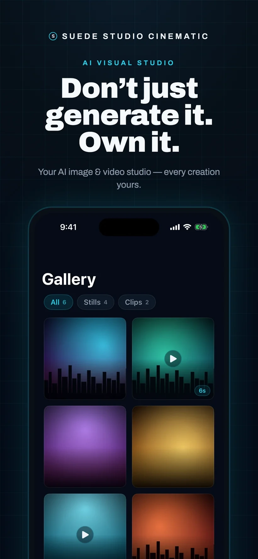 Suede Studio Cinematic app: gallery screen with saved creations