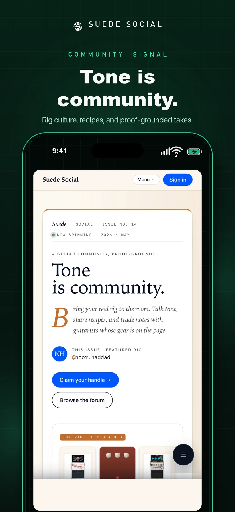 Suede Social app: community signal screen