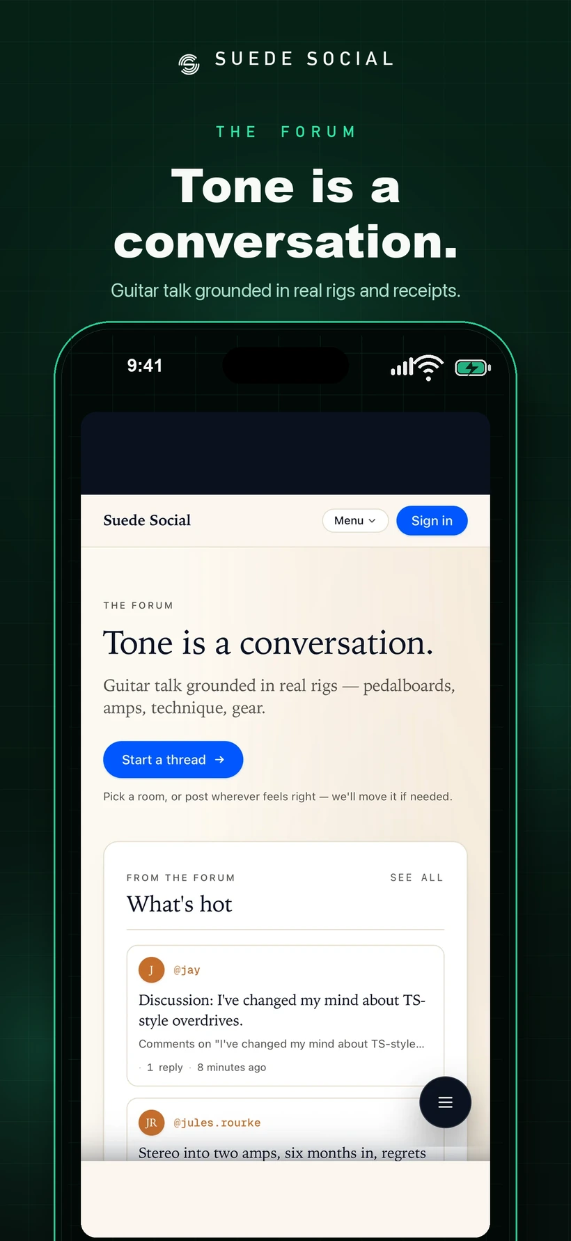 Suede Social app: forum conversation screen