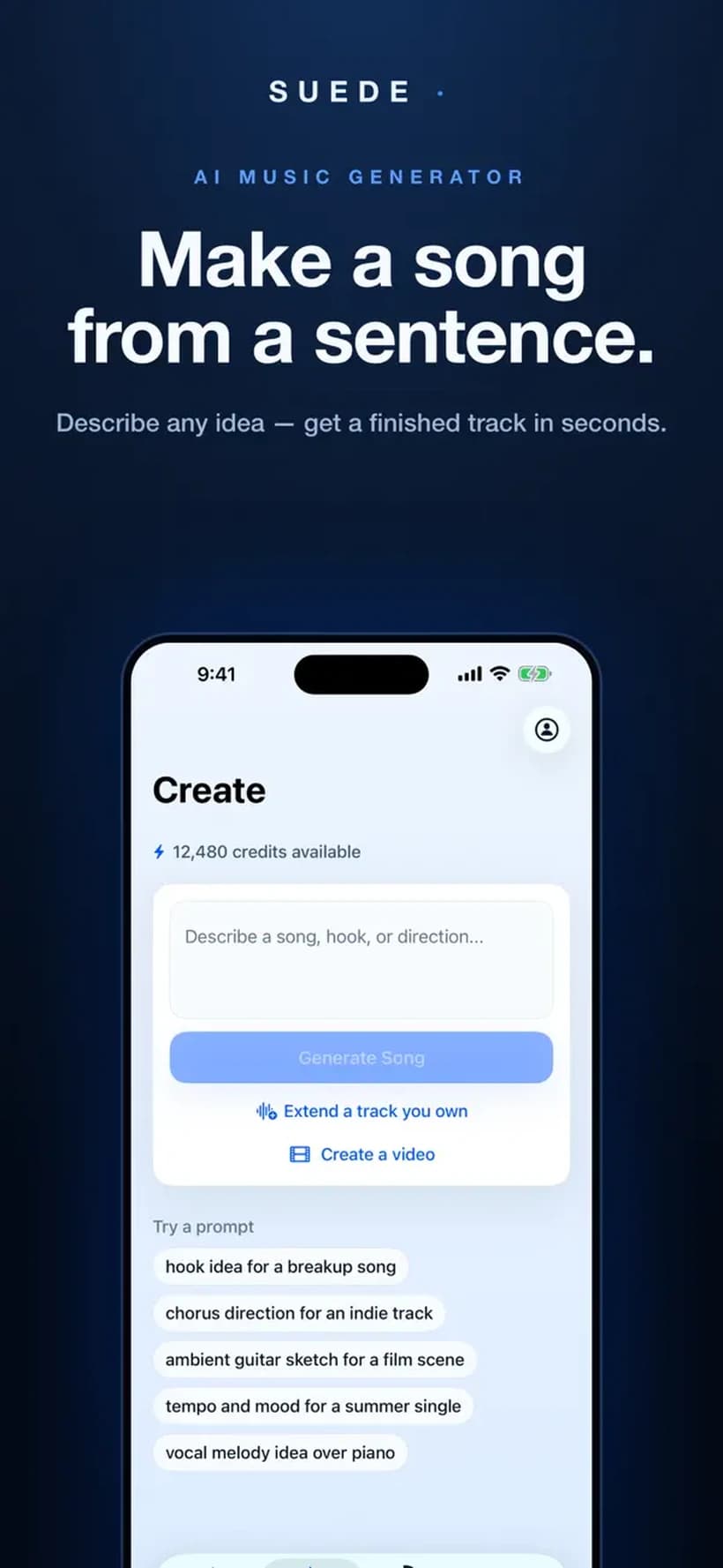 Suede AI Music Generator app: create a song from a sentence