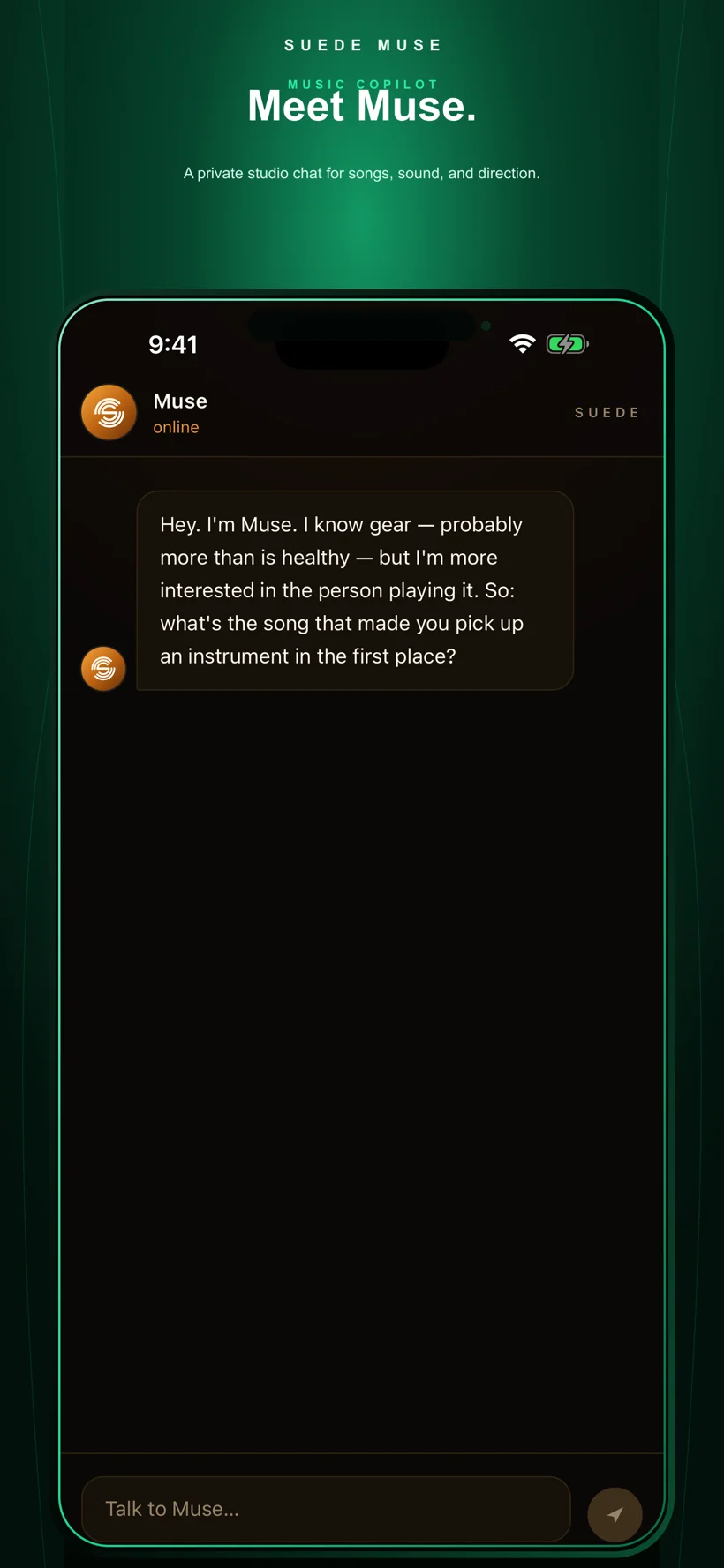 Suede Muse app: AI music copilot chat screen