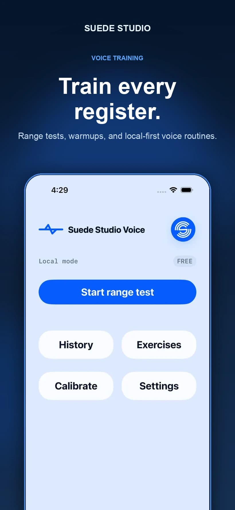 Suede Studio Voice app: vocal range test screen