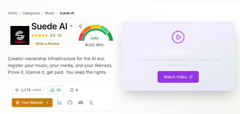 AI Agents Directory listing showing Suede AI rated 5.0 stars, Best Overall in the music category