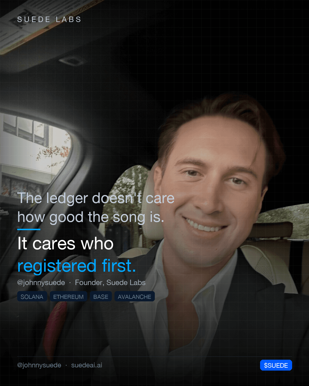 Jason Colapietro Suede Labs AI founder visual for creative IP ownership, music rights, creator infrastructure, and IP provenance: Ledger Registered First.